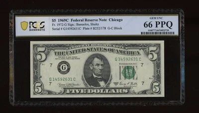DBR 1969-C $5 FRN Chicago Gem Fr. 1972-G PCGS-B 66 PPQ Serial G14592631C - Image 1 of 2