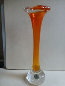 Swedish Art Glass Orange Bud Vase 1960's with label.