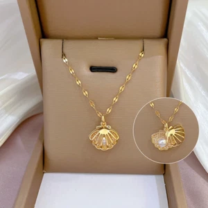 Para mujeres Moda Joyería Oro Cúbico Circón Mar Cáscara Perla Collar Colgante 186 - Imagen 1 de 6