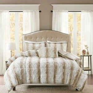Full Queen King Bed Beige Sand Ombre Striped Faux Fur 4 pc Comforter Set Bedding - Picture 1 of 4