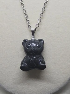 Black Obsidian Bear Crystal Jewelry Pendant Necklace 18" Stainless Steel - Picture 1 of 2
