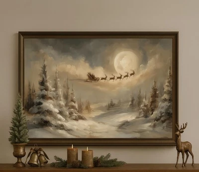 Arte de pared trineo y reno de Papá Noel | Decoración imprimible vintage de Navidad Foto 1 de 4