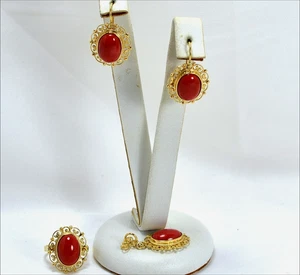 GOLDSCHMUCK 18 Kt KORALLE UND FILIGRAN OHRRINGE RING UND ANHÄNGER OGFR 04 - Bild 1 von 3