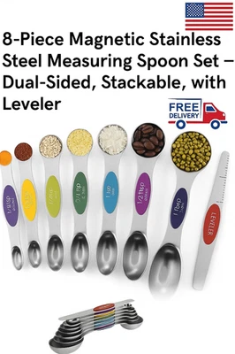 8-Piece Magnetic Stainless Steel Measuring Spoon Set – Dual-Sided, Stackable - Image 1 of 4