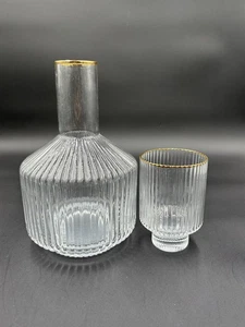 Glass Bedside Water Carafe Pitcher And Cup Gold Trim - Picture 1 of 6