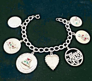 "Brazalete de 7 dijes disco Feliz Navidad con joyas de plata esterlina de mediados de siglo de 7""" - Imagen 1 de 17