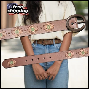 Cinturón M-XL Boho Western Marrón Envejecido Damas Verde Acento Floral Hebilla Redonda - Imagen 1 de 2