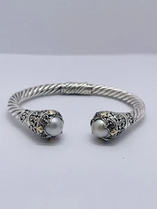 Robert Manse Bali Sterling Silver & 18K Gold Cable Cuff Bracelet w/ Pearl Ends - Picture 1 of 10
