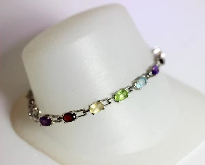 Sterling Silver Tennis Bracelet With Multi Colored Oval Gemstones  7” -12124 - Image 1 of 4