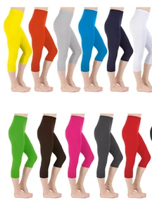 Ladies Cotton 3/4 Cropped Length Classic Plain Leggings UK Stock Plus Size 8-22 - Picture 1 of 7