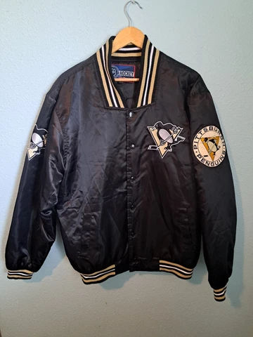 Vintage 80's Pittsburgh Penguins NHL Satin Jacket Men’s Large Black USA Mint!! Cover