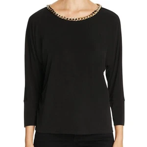Calvin Klein Womens Black Dolman Sleeve Blouse Gold Chain Neck Size S NWT - Picture 1 of 6