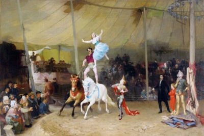 CIRCUS IN FRANCE HORSEBACK RIDERS PAINTING BY FREDERICK ARTHUR BRIDGMAN REPRO  - Image 1 of 3