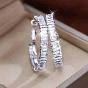 Sterling Silver Lab Created Baguette Cut White Sapphire Hoop Earrings - Picture 1 of 3
