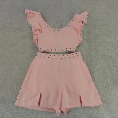 Karina Grimaldi Set Womens XS Pink Studded Crop Top Shorts Ruffle - Image 1 of 4