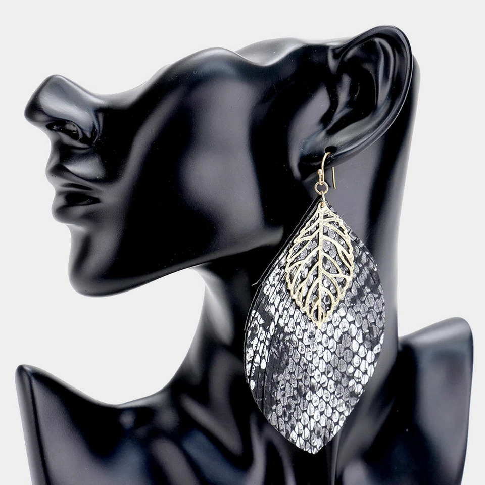 Leaf Earrings Faux Leather Teardrop 4.25" Drop Stud Animal Print GOLD BLACK - Изображение 1 из 1