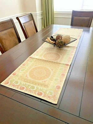 White Table Runner Wall Tapestry Brocade 60 70 Inch Silk White Gold Mandala Gift - Image 1 of 2