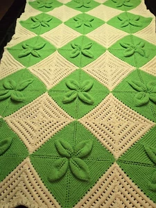 Hand Knitted Afghan/Throw/Blanket, 4 Leaf Clover Design, Green & White 70" x 44" - Picture 1 of 6