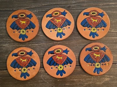 Juego de 6 posavasos de cuero Southwestern equipados a mano firmados para pájaros de 3 pulgadas Foto 1 de 4