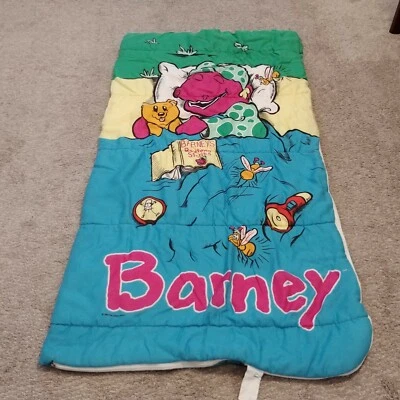 Vintage 1992 Barney Childs Sleeping Bag Bedtime Stories 28 x 55" Purple Dinosaur - Image 1 of 4