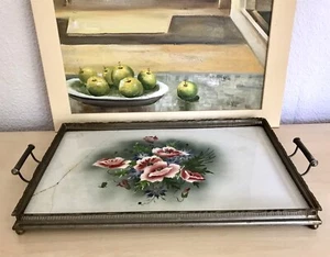 Antik riesiges Tablett Metall Galerierand Keramikeinsatz - Bild 1 von 24