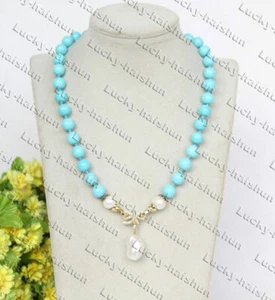 Collana con ciondolo perla keshi rotonda 18" blu cielo bianco turchese selezionabile c335 - Foto 1 di 3