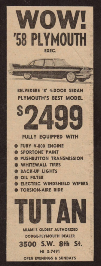 PLYMOUTH Belvedere 1958 sedán vintage original impresión de periódico anuncio | Tután, Miami Foto 1 de 1
