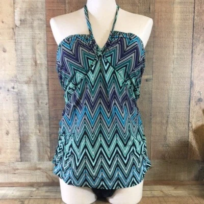 Old Navy  Swimsuit Womens Size 2X Blue Green Geo Chevron Stripe Halter One Piece - Image 1 of 4