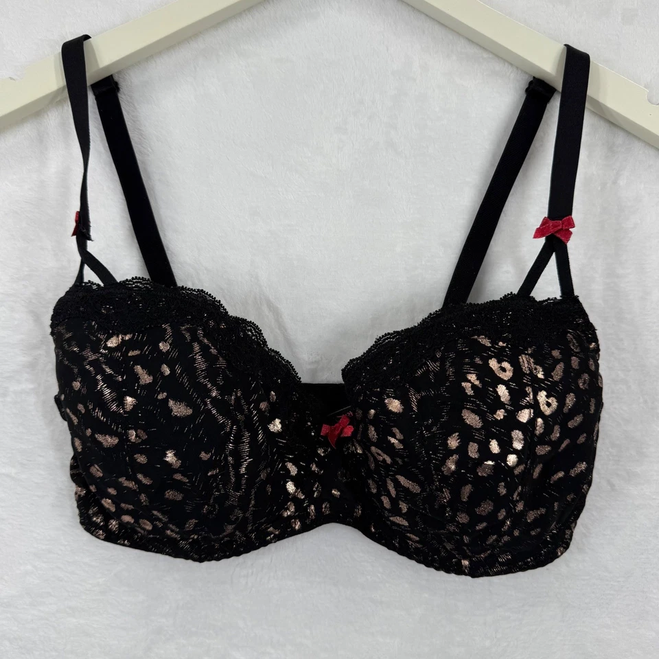 Бюстгальтер Betsey Johnson Intimates черный леопардовый принт 34DD на косточках кружевной бант - Изображение 1 из 4