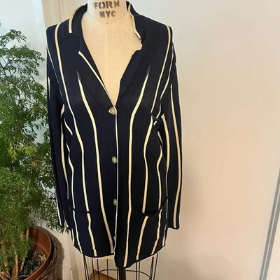 Cárdigan a Rayas Verticales Vintage NICOLE FARHI Azul Marino y Crema Talla Mediana Foto 1 de 4