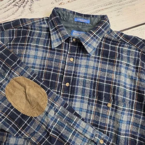 Vintage Pendleton Virgin Wool Men's Large Long Sleeve Blue Plaid Elbow Patches - Picture 1 of 10