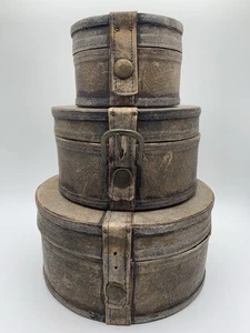 Vintage Leather And Wood Stacking Round Nesting Boxes Buckle RARE Cool Decor - Picture 1 of 19