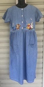VTG Disney Store Embroidered Winnie The Pooh and Friends Denim Dress Blue Sz XL - Picture 1 of 12