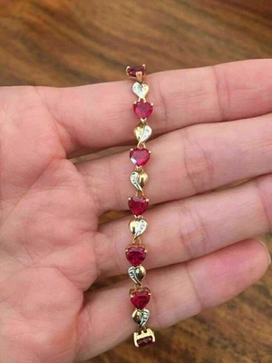 Precioso brazalete tenis 8 quilates corazón simulado rubí y diamante chapado en oro amarillo 14k Foto 1 de 4