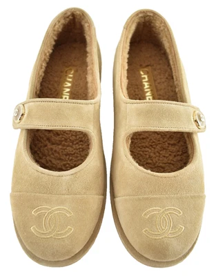 Chanel 25B Beige Gamuza Piel de Oveja Mary Jane Mocasín Ballet Mocasín Plano 40.5 Foto 1 de 4