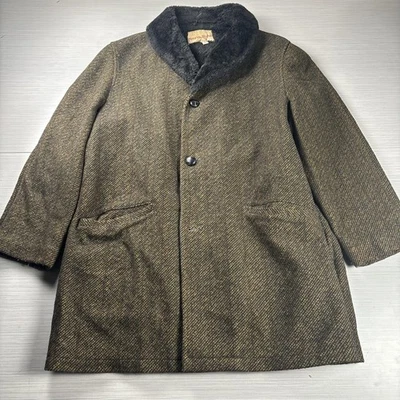 Vintage Herringbone Overcoat Mens 44 Brown Faux Fur Collar Lined Button Front - Image 1 of 4