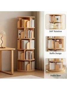 6 Tier Rotating Bookshelf with Wheels, 360° Spinning Storage Tower, Wood Color - Picture 1 of 9