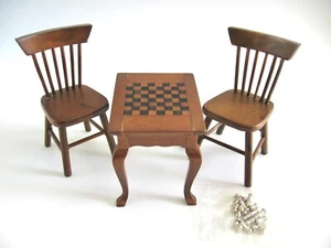 dollhouse doll house miniature VINTAGE WOOD CHESS CHECKER TABLE AND 2 CHAIRS - Picture 1 of 3