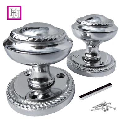 Door Knobs Chrome Interior Mortice Georgian Rope 63mm Diameter Rose 50mm Knob D7 - Image 1 of 4