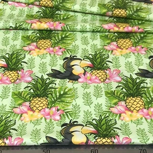 TELA 100% ALGODÓN FLORES ROSAS HOJAS VERDE PIÑA TUCÁN, por metro - Imagen 1 de 1