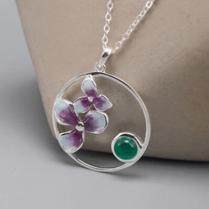 I04 Anhänger mit Kette Silber 925 Cloisonne zart-lila Blüte grüner Chalzedon - Bild 1 von 6