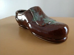 Vintage 6.5" Brown Glazed Ceramic Oxford Loafer Slipper Shoe Planter - Picture 1 of 8