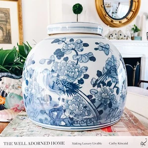Large Blue & White Chinoiserie Floral Bird Ming Jar 10 x 10 - Picture 1 of 8