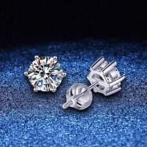 D Color Moissanite Solitaire Stud Earrings Screwback S925 Silver Platinum Plated - Picture 1 of 12
