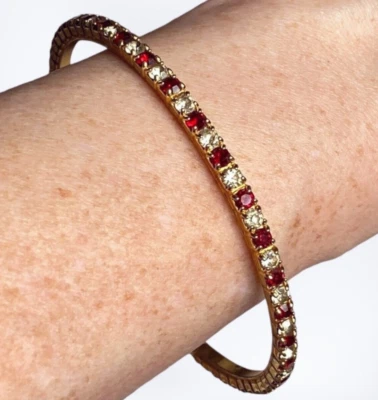 Red Clear Rhinestone Bangle Bracelet Gold Tone Candy Cane Color Bling Jewelry - Image 1 of 4