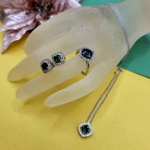 Created Emerald Sapphire Necklace, Earrings Ring Set sterling silver 18 inches - Picture 1 of 8