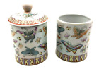 Hand-Painted Butterfly Lidded Porcelain Trinket Jar and Cup Brush Utensil Holder