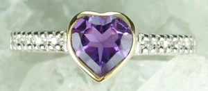 NEW Genuine Solid 9CT Yellow Gold Real Natural Amethyst Heart Diamond Ring Siz M - Foto 1 di 6