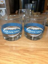 set of 2, bacardi rum low ball football logo blue stripe cocktail glasses