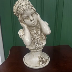 Vintage Signed Ceramic Sculpture Bust Woman - “Girl Holding Ears” - Retro Decor - Picture 1 of 9
